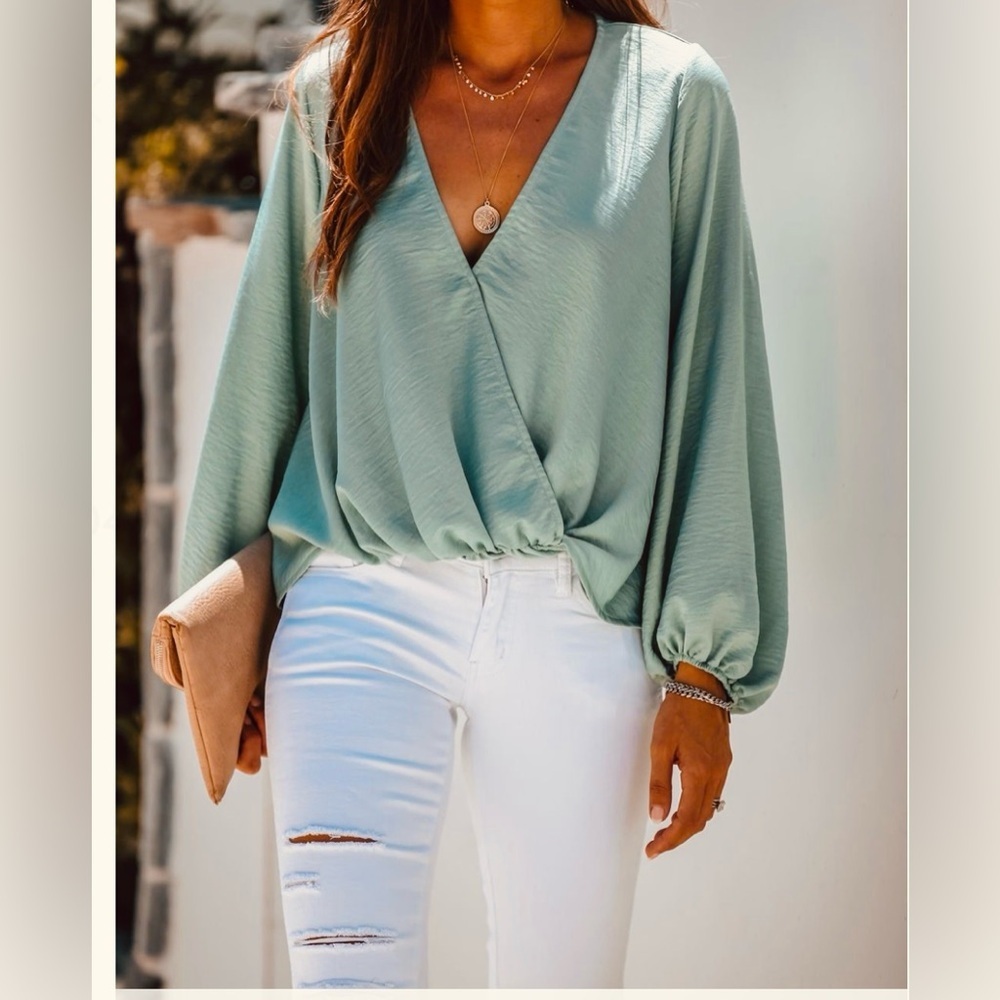 Blue Blush Green Puff Sleeve Wrap Blouse size S​